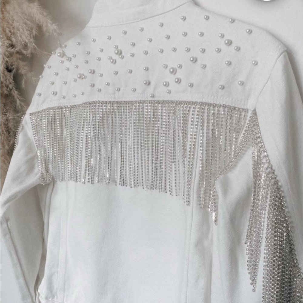 White Jacket Silver Fringe Pearl rhinestones  S small women bachelorette bride
